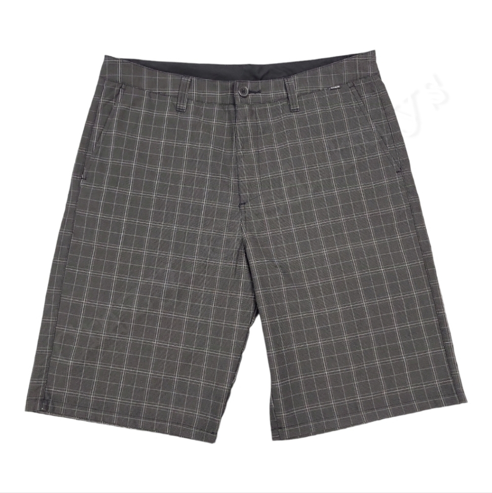 Hurley Barcelona Walk Shorts Black Gray Plaid Check, Size 36, 11" Inseam